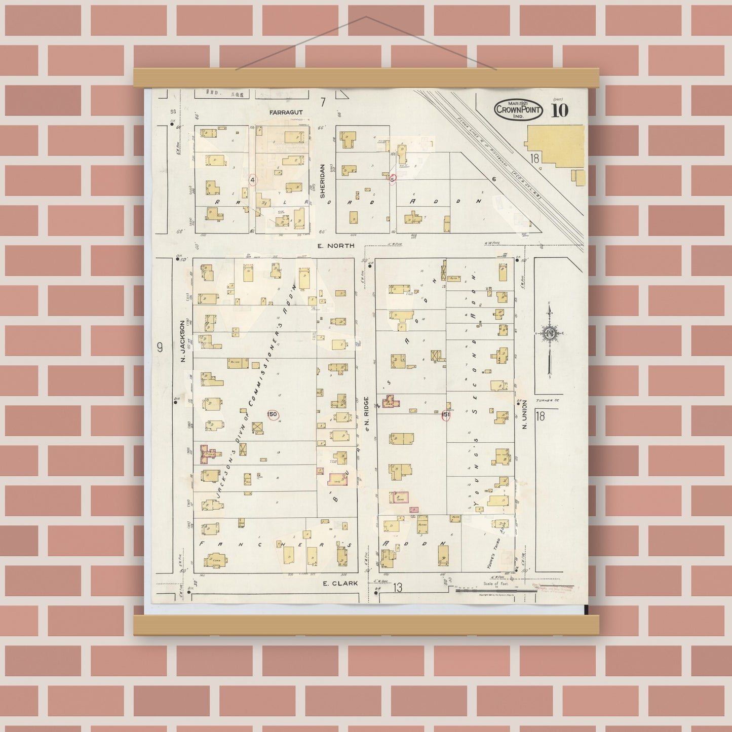 Old map wall art mockup — magnetic wood frame on brick wall — Sanborn Fire Insurance Map from Crown Point, Lake County, Indiana (1948), Sheet #0010