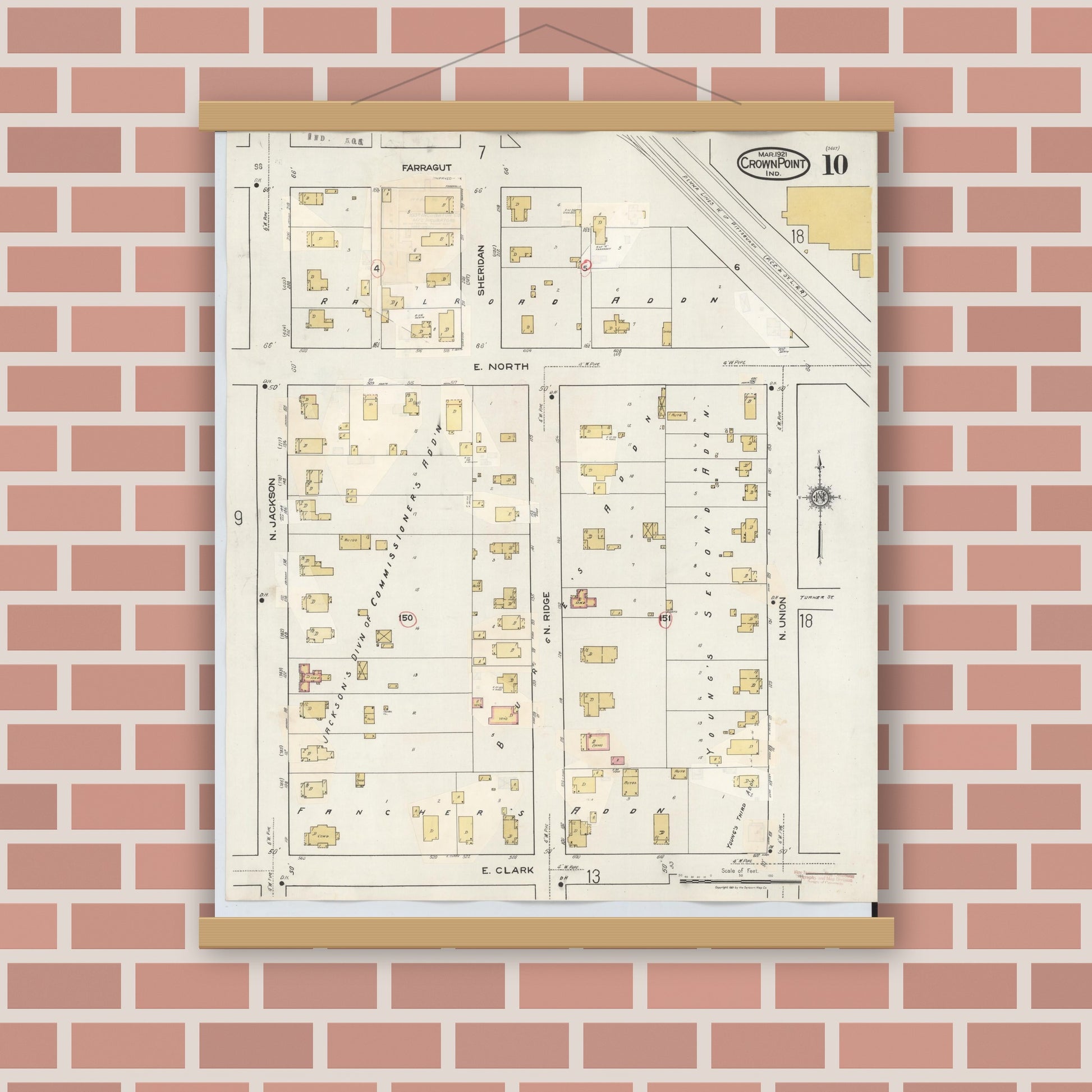 Old map wall art mockup — magnetic wood frame on brick wall — Sanborn Fire Insurance Map from Crown Point, Lake County, Indiana (1948), Sheet #0010