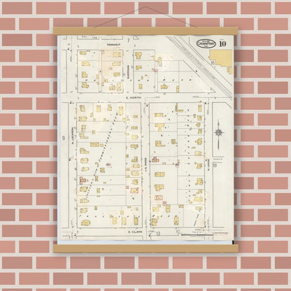Old map wall art mockup — magnetic wood frame on brick wall — Sanborn Fire Insurance Map from Crown Point, Lake County, Indiana (1948), Sheet #0010
