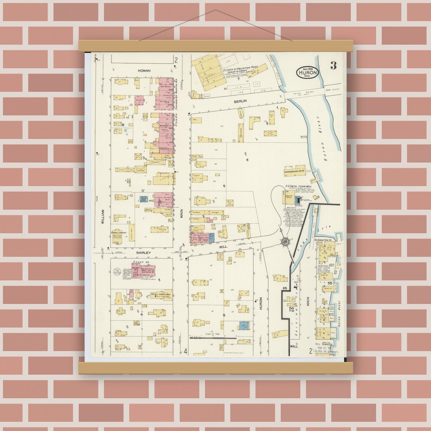 Old map wall art mockup — magnetic wood frame on brick wall — Sanborn Fire Insurance Map from Huron, Erie County, Ohio (1916), Sheet #0003