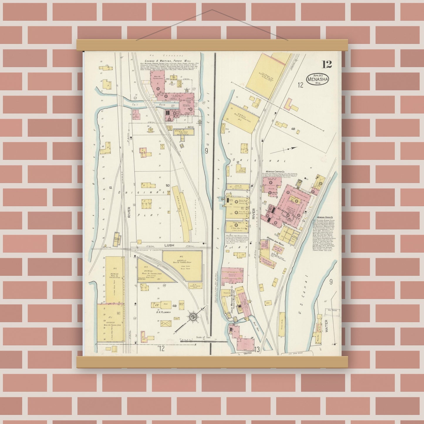Old map wall art mockup — magnetic wood frame on brick wall — Sanborn Fire Insurance Map from Menasha, Winnebago County, Wisconsin (1913), Sheet #0012