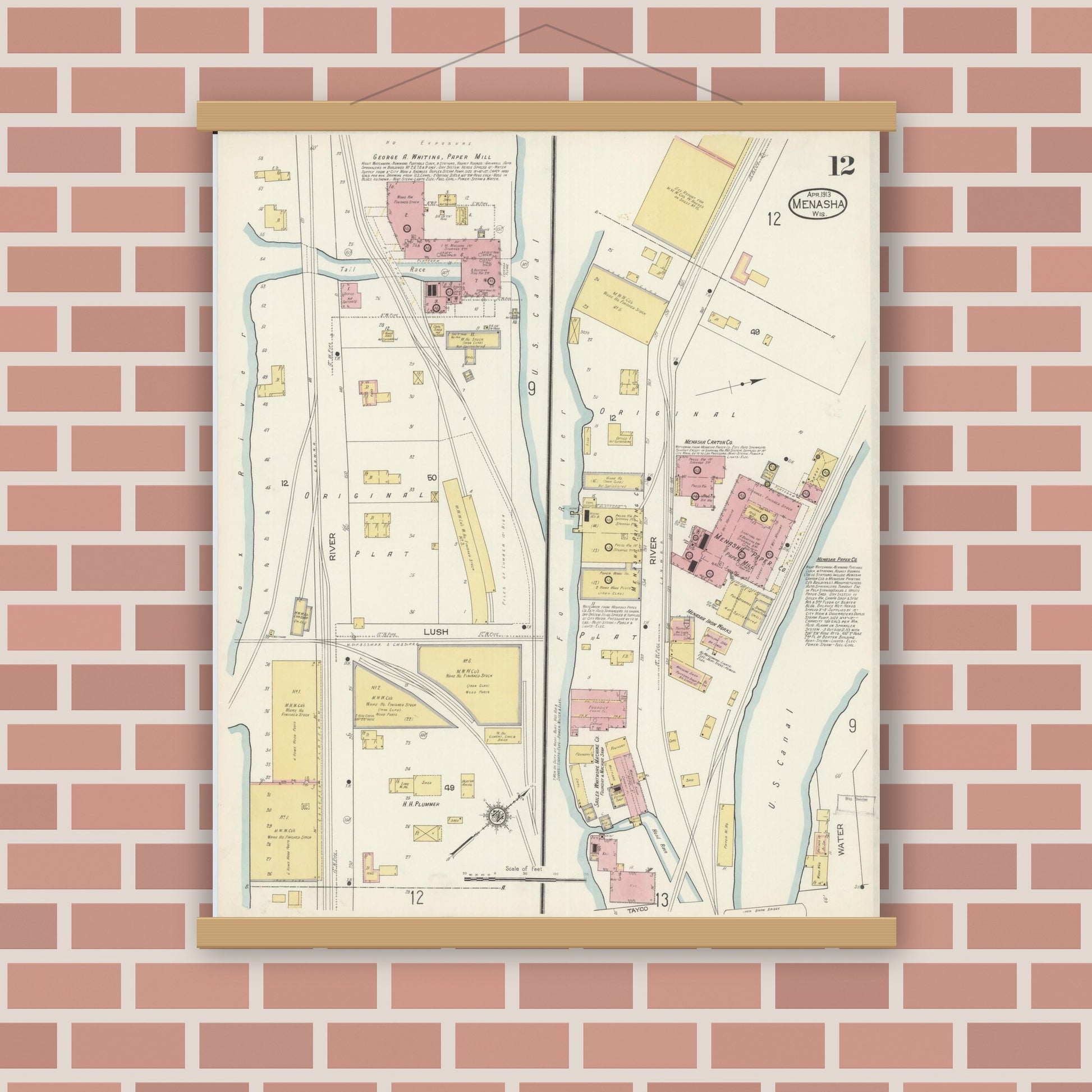 Old map wall art mockup — magnetic wood frame on brick wall — Sanborn Fire Insurance Map from Menasha, Winnebago County, Wisconsin (1913), Sheet #0012