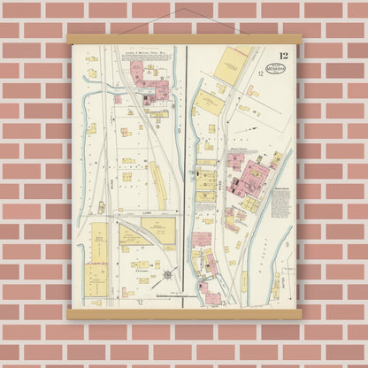Old map wall art mockup — magnetic wood frame on brick wall — Sanborn Fire Insurance Map from Menasha, Winnebago County, Wisconsin (1913), Sheet #0012