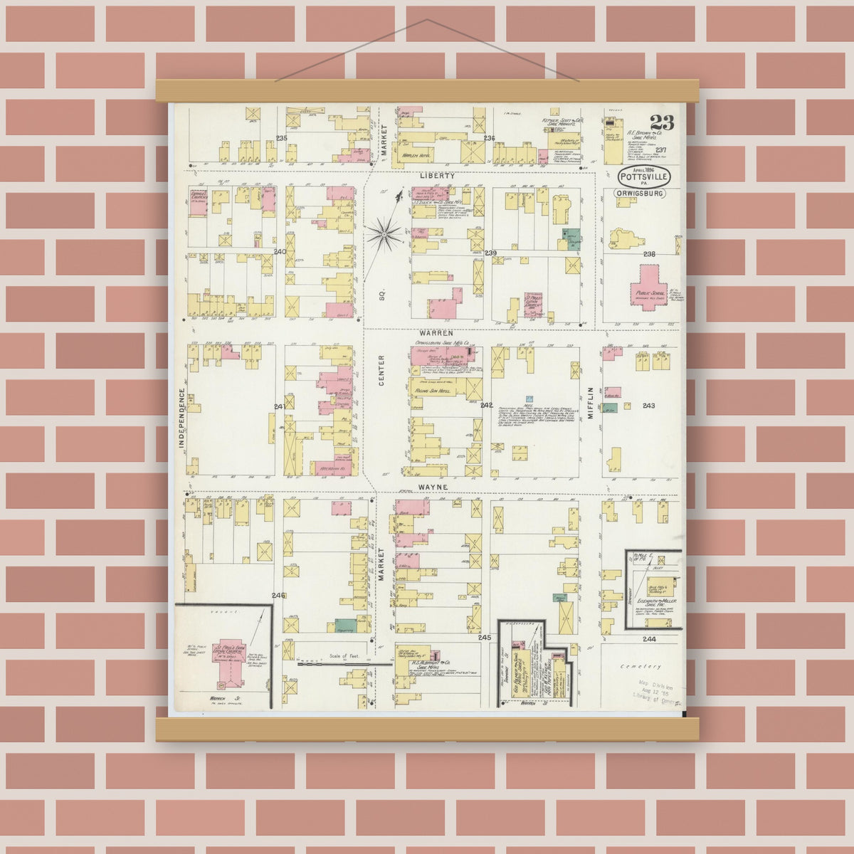Old map wall art mockup — magnetic wood frame on brick wall — Sanborn Fire Insurance Map from Pottsville, Schuylkill County, Pennsylvania (1895), Sheet #0023