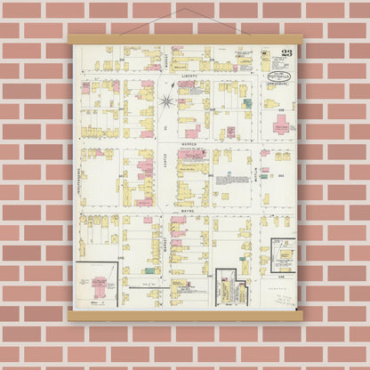 Old map wall art mockup — magnetic wood frame on brick wall — Sanborn Fire Insurance Map from Pottsville, Schuylkill County, Pennsylvania (1895), Sheet #0023