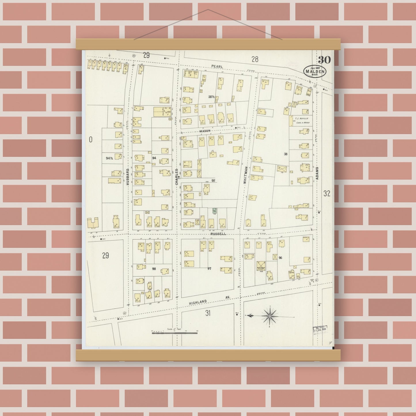 Old map wall art mockup — magnetic wood frame on brick wall — Sanborn Fire Insurance Map from Malden, Middlesex County, Massachusetts (1897), Sheet #0030