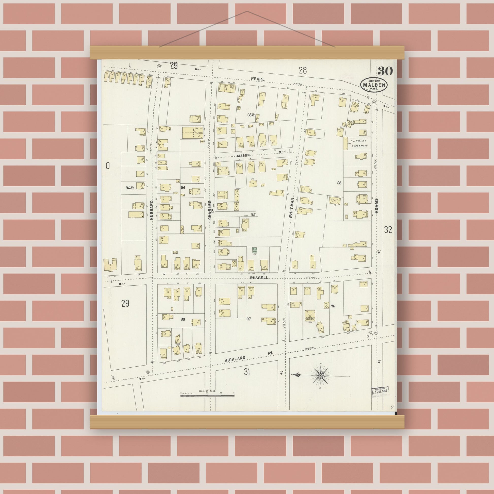 Old map wall art mockup — magnetic wood frame on brick wall — Sanborn Fire Insurance Map from Malden, Middlesex County, Massachusetts (1897), Sheet #0030
