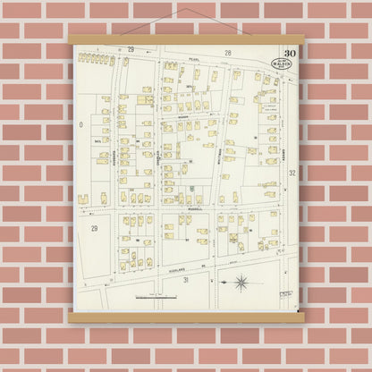 Old map wall art mockup — magnetic wood frame on brick wall — Sanborn Fire Insurance Map from Malden, Middlesex County, Massachusetts (1897), Sheet #0030