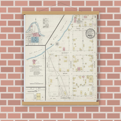 Old map wall art mockup — magnetic wood frame on brick wall — Sanborn Fire Insurance Map from Paris, Monroe County, Missouri (1886), Sheet #0001