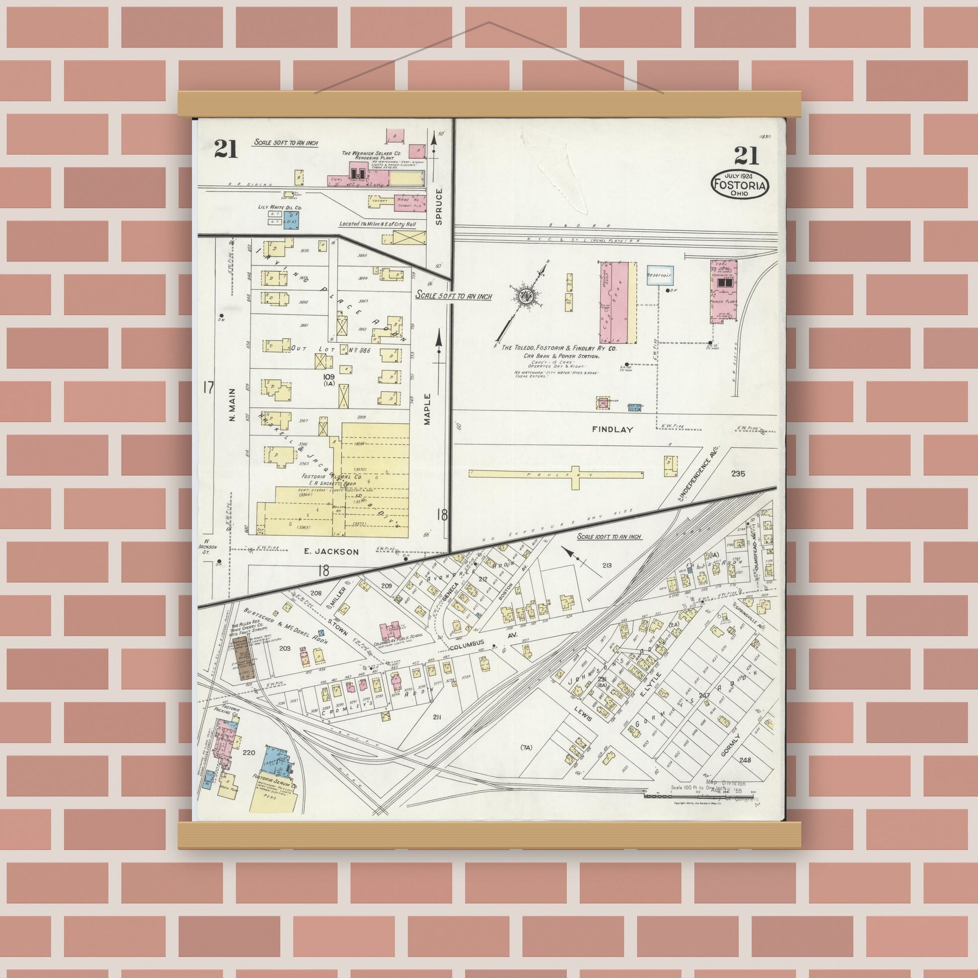 Old map wall art mockup — magnetic wood frame on brick wall — Sanborn Fire Insurance Map from Fostoria, Seneca, Hancock, And Wood Counties, Ohio (1924), Sheet #0021