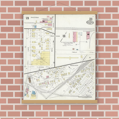 Old map wall art mockup — magnetic wood frame on brick wall — Sanborn Fire Insurance Map from Fostoria, Seneca, Hancock, And Wood Counties, Ohio (1924), Sheet #0021