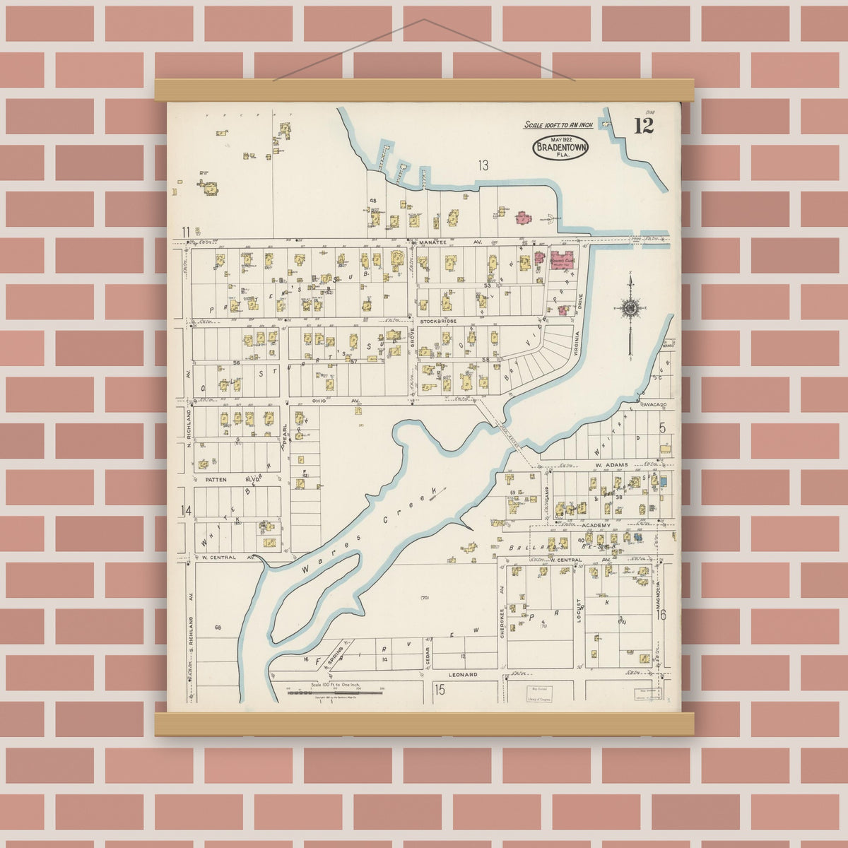 Old map wall art mockup — magnetic wood frame on brick wall — Sanborn Fire Insurance Map from Bradentown, Manatee County, Florida (1922), Sheet #0012
