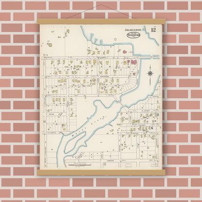 Old map wall art mockup — magnetic wood frame on brick wall — Sanborn Fire Insurance Map from Bradentown, Manatee County, Florida (1922), Sheet #0012