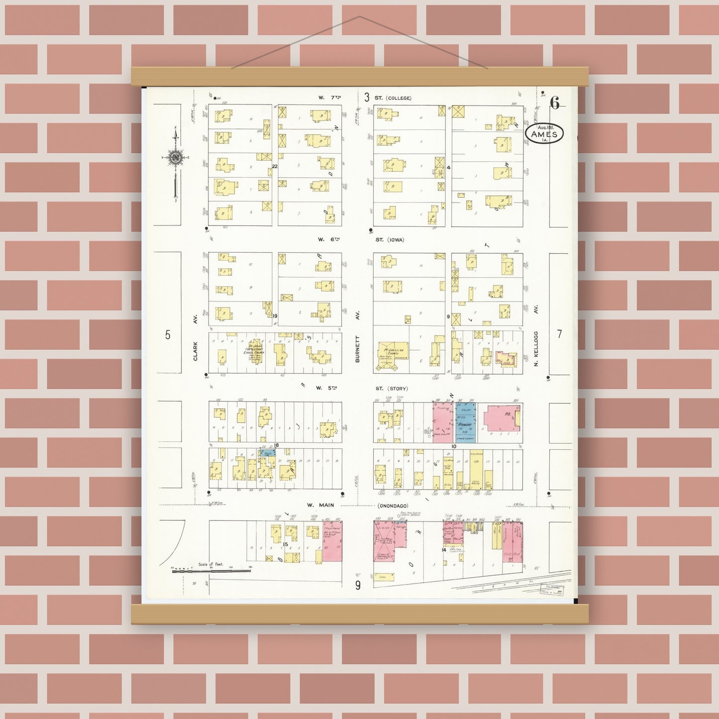 Old map wall art mockup — magnetic wood frame on brick wall — Sanborn Fire Insurance Map from Ames, Story County, Iowa (1911), Sheet #0006