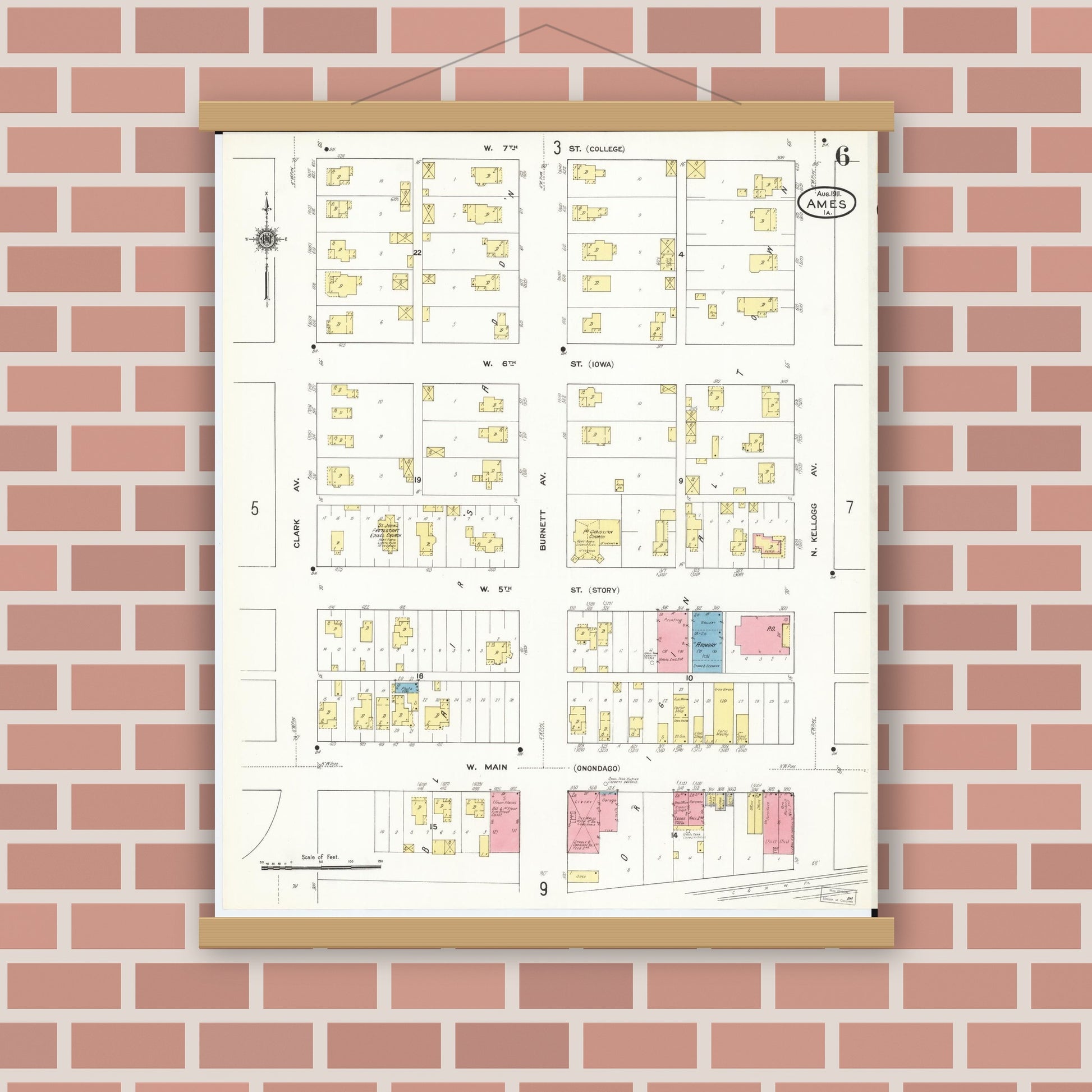 Old map wall art mockup — magnetic wood frame on brick wall — Sanborn Fire Insurance Map from Ames, Story County, Iowa (1911), Sheet #0006