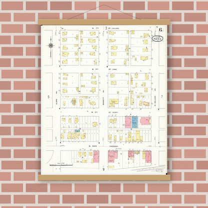 Old map wall art mockup — magnetic wood frame on brick wall — Sanborn Fire Insurance Map from Ames, Story County, Iowa (1911), Sheet #0006