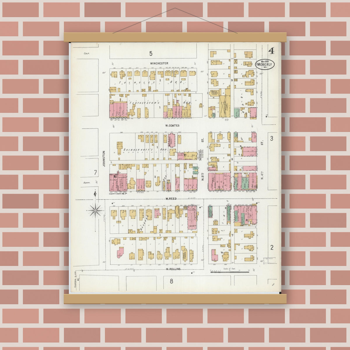 Old map wall art mockup — magnetic wood frame on brick wall — Sanborn Fire Insurance Map from Moberly, Randolph County, Missouri (1899), Sheet #0004
