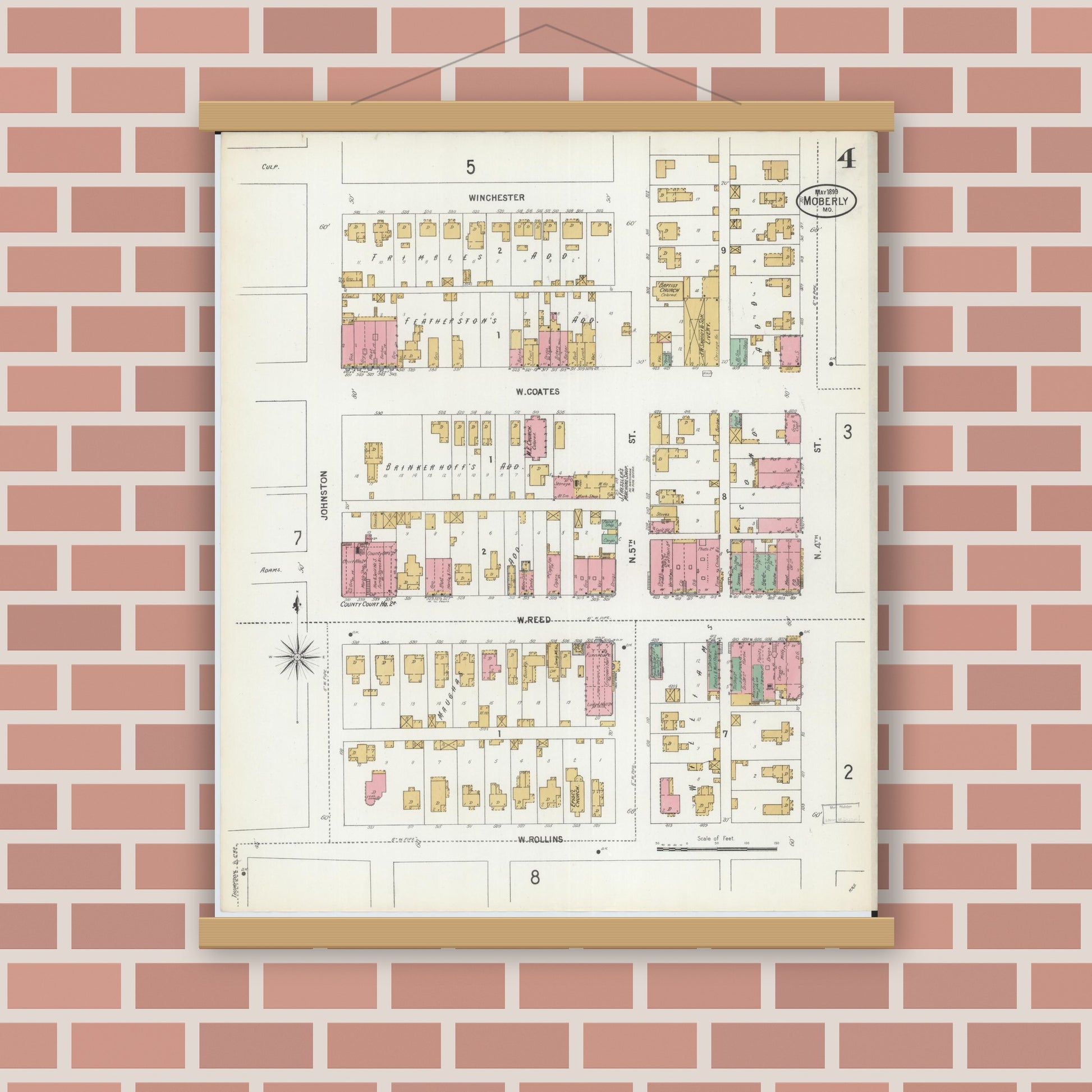 Old map wall art mockup — magnetic wood frame on brick wall — Sanborn Fire Insurance Map from Moberly, Randolph County, Missouri (1899), Sheet #0004