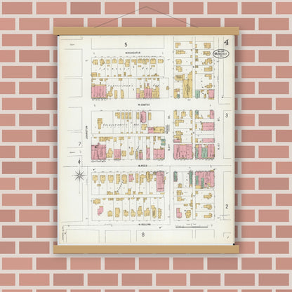 Old map wall art mockup — magnetic wood frame on brick wall — Sanborn Fire Insurance Map from Moberly, Randolph County, Missouri (1899), Sheet #0004