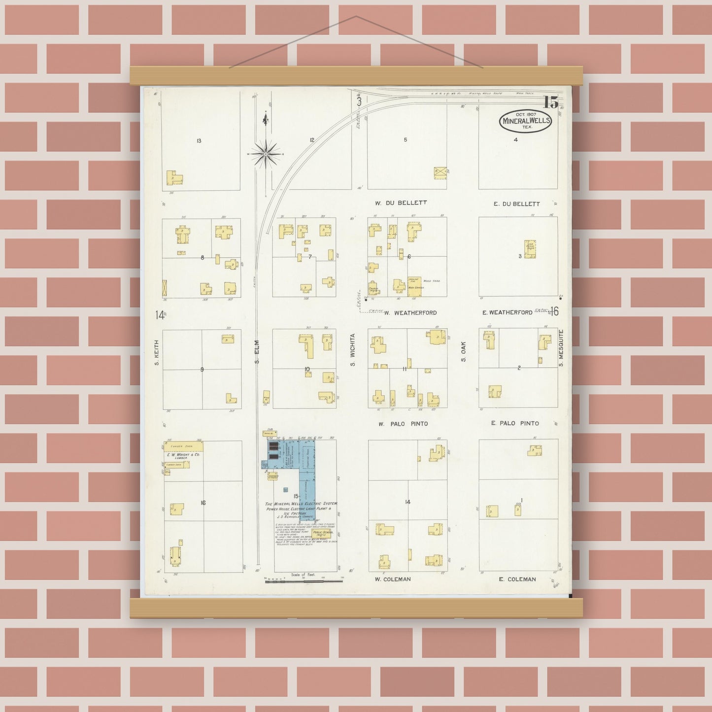 Old map wall art mockup — magnetic wood frame on brick wall — Sanborn Fire Insurance Map from Mineral Wells, Palo Pinto County, Texas (1907), Sheet #0015