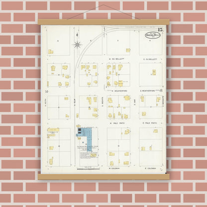 Old map wall art mockup — magnetic wood frame on brick wall — Sanborn Fire Insurance Map from Mineral Wells, Palo Pinto County, Texas (1907), Sheet #0015