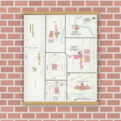 Old map wall art mockup — magnetic wood frame on brick wall — Sanborn Fire Insurance Map from Moberly, Randolph County, Missouri (1899), Sheet #0014