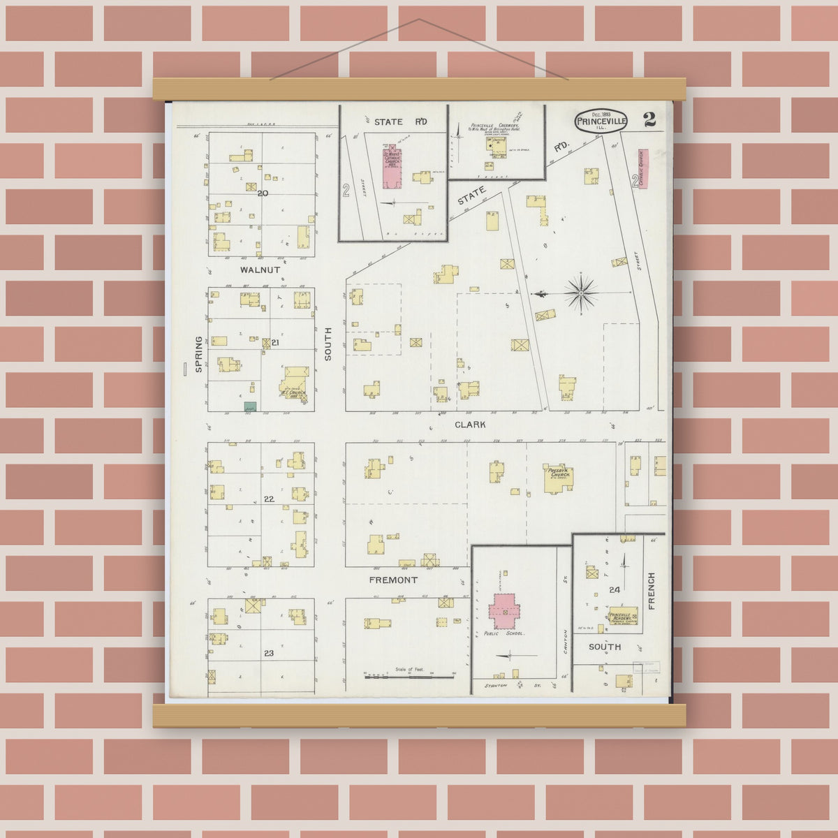 Old map wall art mockup — magnetic wood frame on brick wall — Sanborn Fire Insurance Map from Princeville, Peoria County, Illinois (1893), Sheet #0002