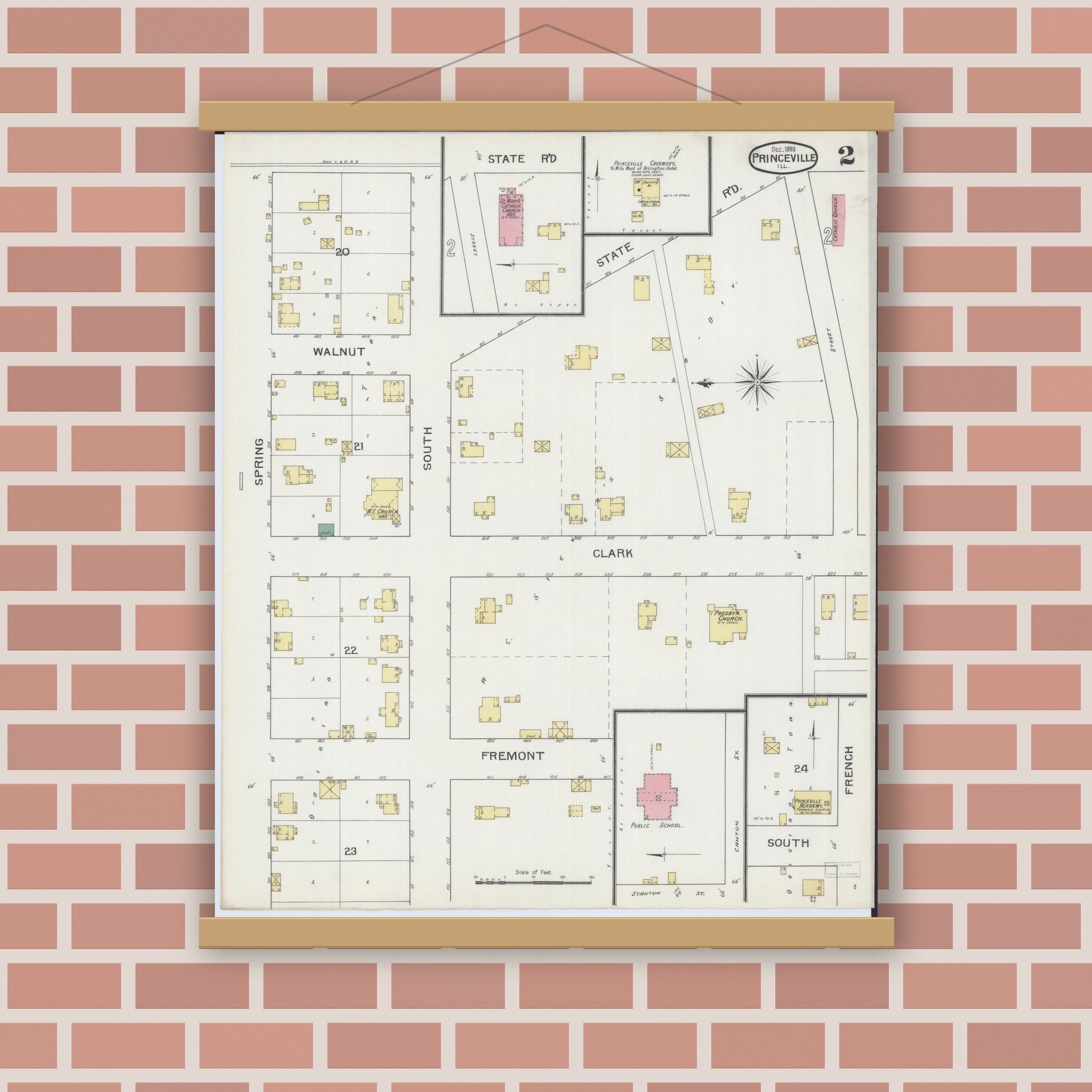 Old map wall art mockup — magnetic wood frame on brick wall — Sanborn Fire Insurance Map from Princeville, Peoria County, Illinois (1893), Sheet #0002