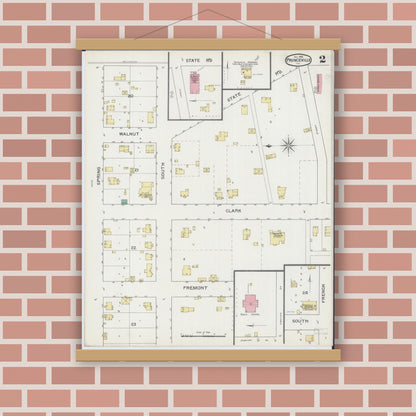 Old map wall art mockup — magnetic wood frame on brick wall — Sanborn Fire Insurance Map from Princeville, Peoria County, Illinois (1893), Sheet #0002