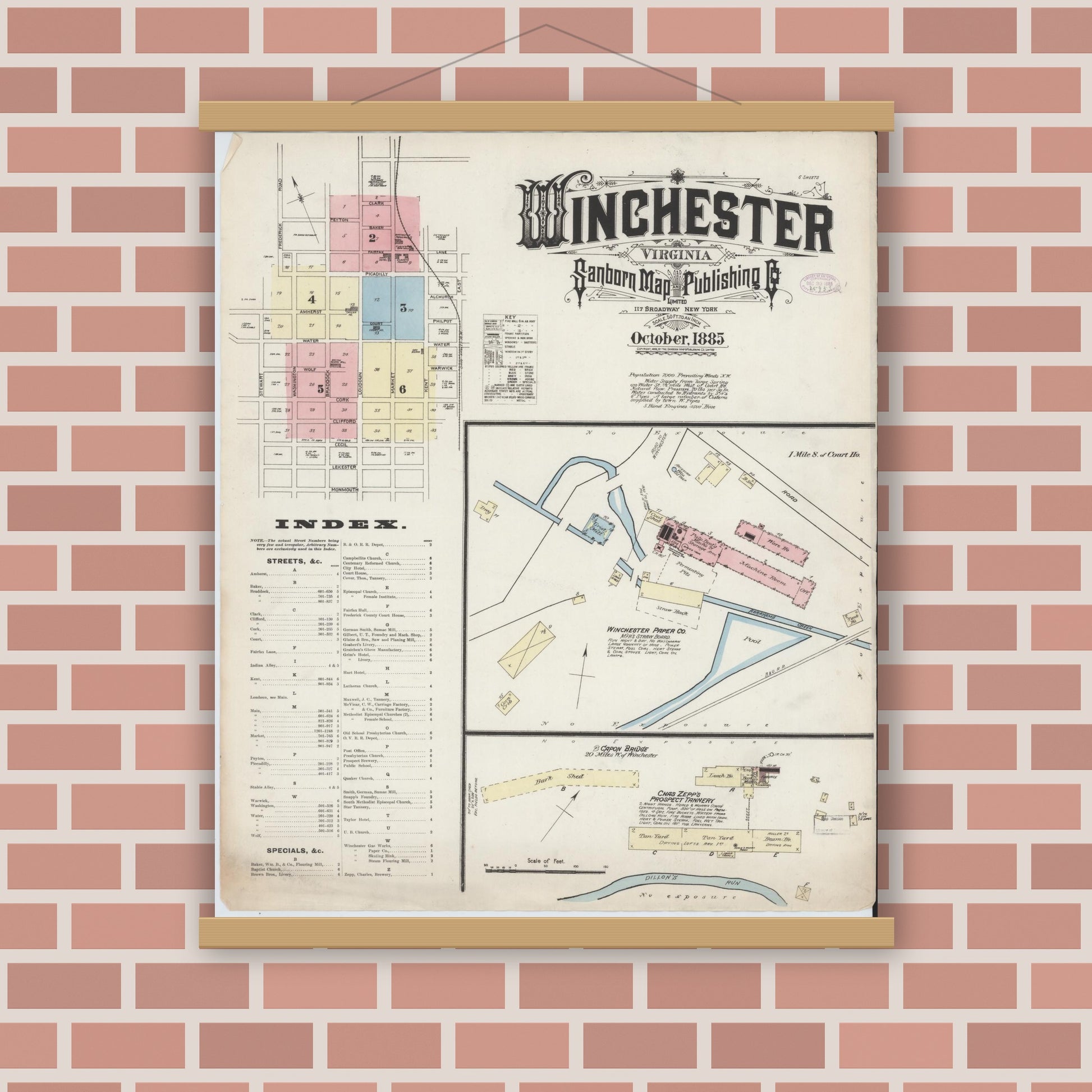 Old map wall art mockup — magnetic wood frame on brick wall — Sanborn Fire Insurance Map from Winchester, Independent Cities, Virginia (1885) - Complete Map Set