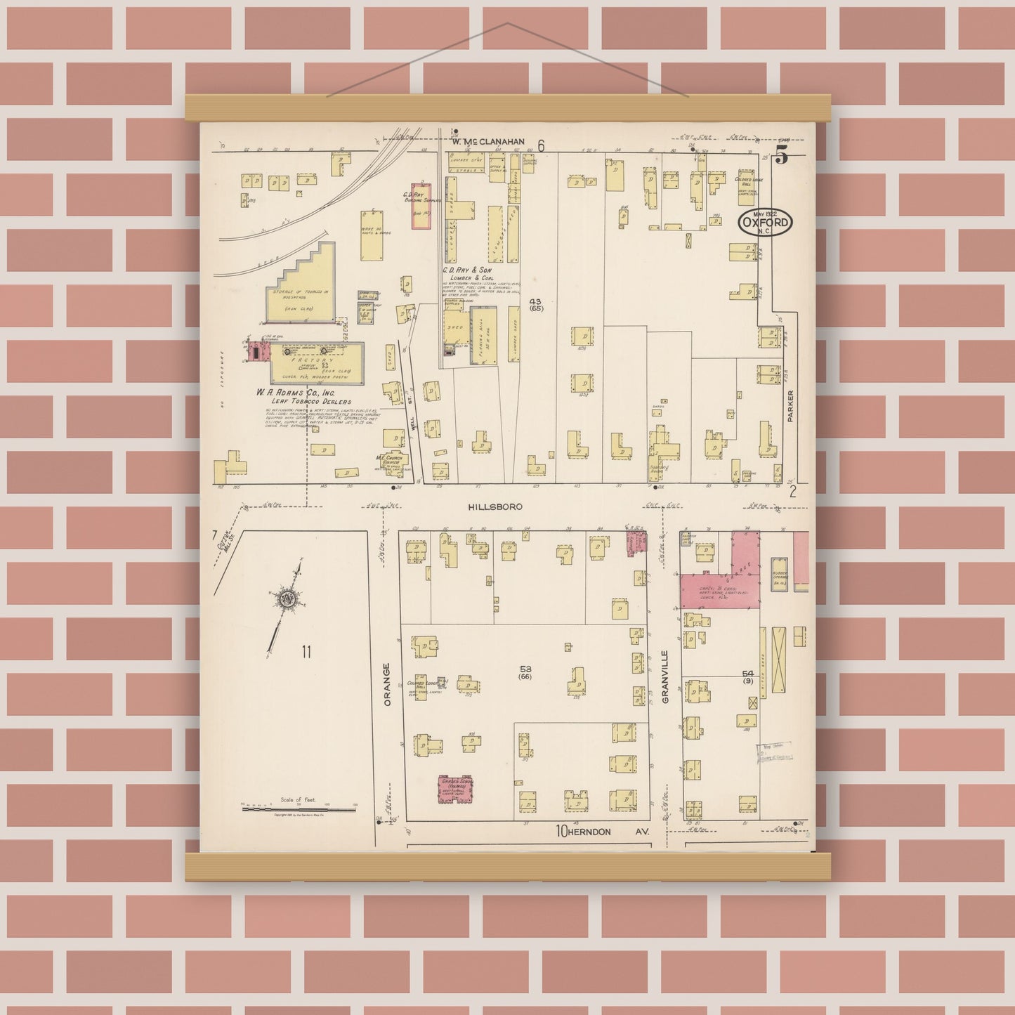 Old map wall art mockup — magnetic wood frame on brick wall — Sanborn Fire Insurance Map from Oxford, Granville County, North Carolina (1922), Sheet #0005