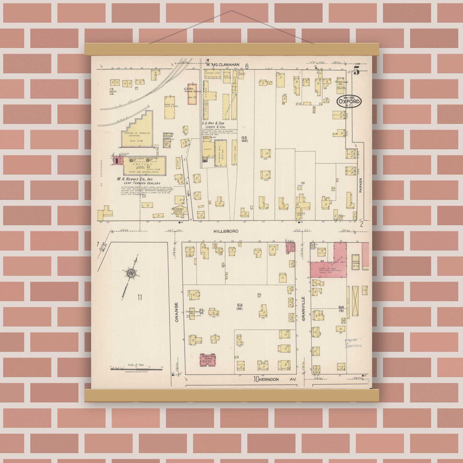 Old map wall art mockup — magnetic wood frame on brick wall — Sanborn Fire Insurance Map from Oxford, Granville County, North Carolina (1922), Sheet #0005