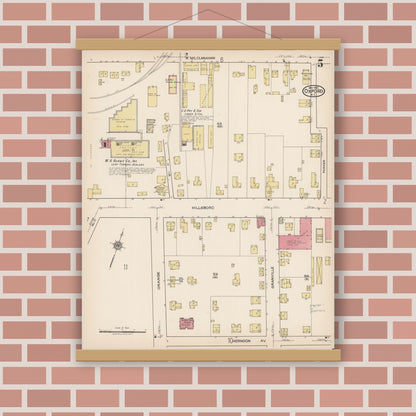 Old map wall art mockup — magnetic wood frame on brick wall — Sanborn Fire Insurance Map from Oxford, Granville County, North Carolina (1922), Sheet #0005