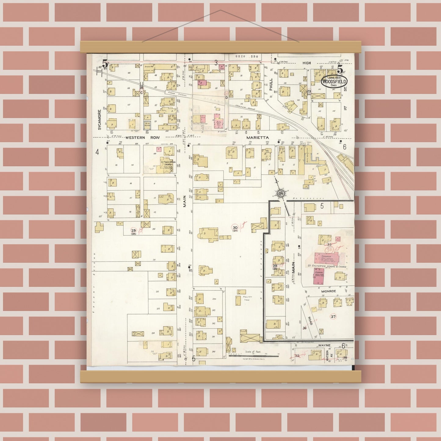 Old map wall art mockup — magnetic wood frame on brick wall — Sanborn Fire Insurance Map from Woodsfield, Monroe County, Ohio (1949), Sheet #0005