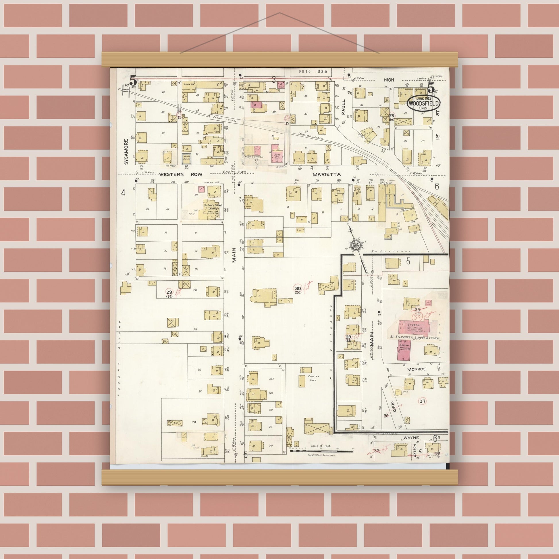 Old map wall art mockup — magnetic wood frame on brick wall — Sanborn Fire Insurance Map from Woodsfield, Monroe County, Ohio (1949), Sheet #0005