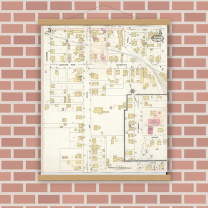 Old map wall art mockup — magnetic wood frame on brick wall — Sanborn Fire Insurance Map from Woodsfield, Monroe County, Ohio (1949), Sheet #0005
