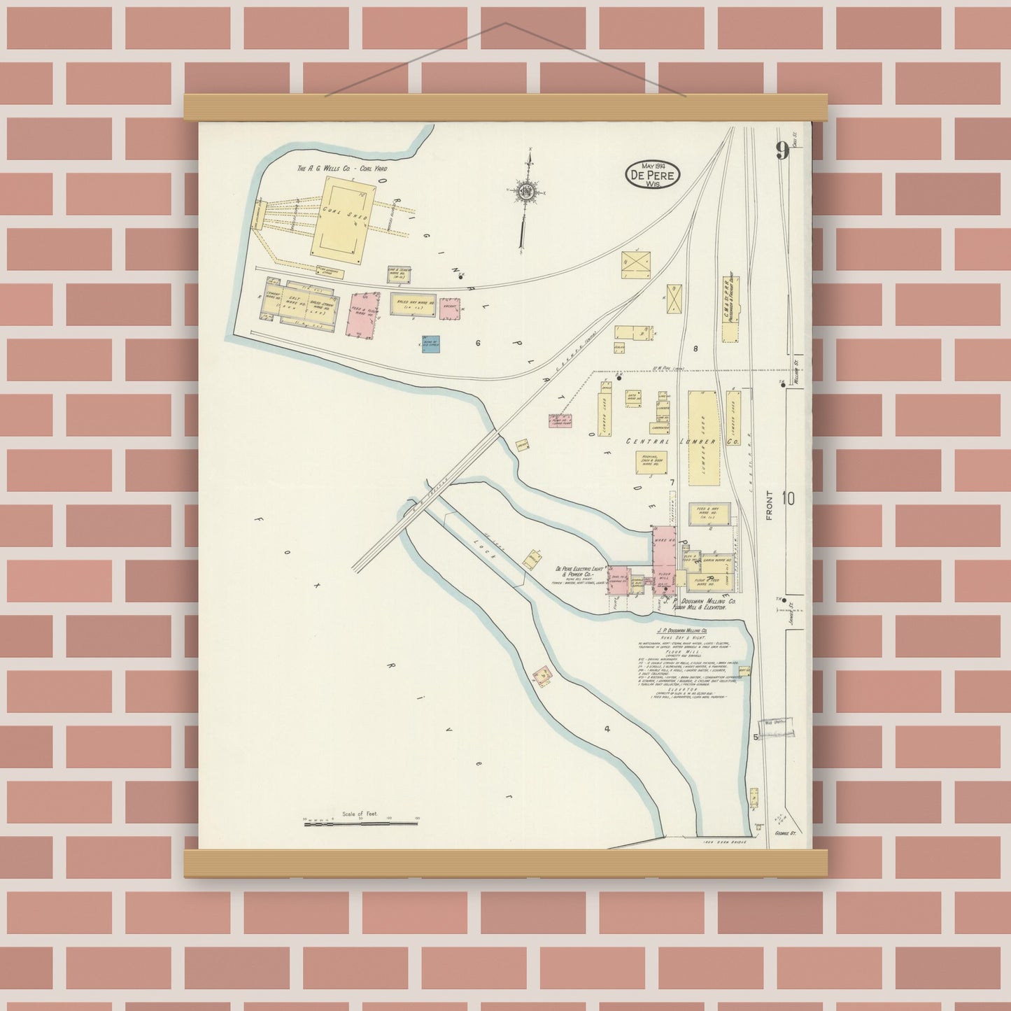 Old map wall art mockup — magnetic wood frame on brick wall — Sanborn Fire Insurance Map from De Pere, Brown County, Wisconsin (1914), Sheet #0009