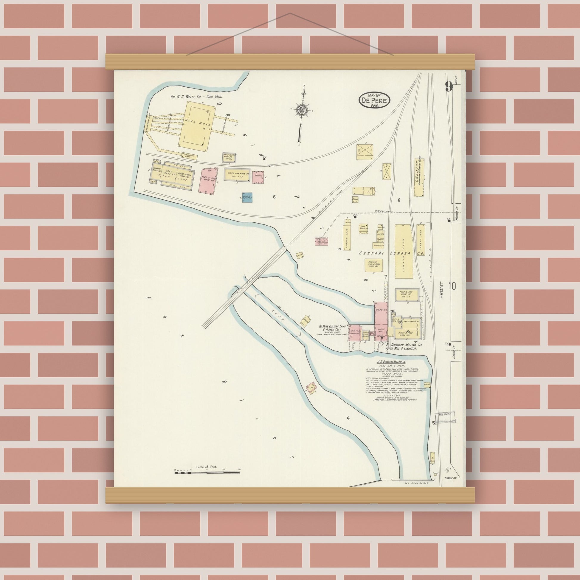 Old map wall art mockup — magnetic wood frame on brick wall — Sanborn Fire Insurance Map from De Pere, Brown County, Wisconsin (1914), Sheet #0009