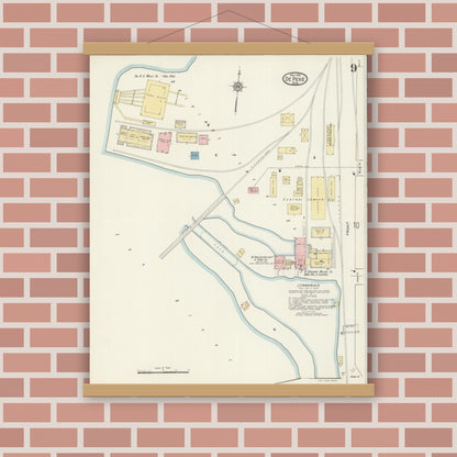 Old map wall art mockup — magnetic wood frame on brick wall — Sanborn Fire Insurance Map from De Pere, Brown County, Wisconsin (1914), Sheet #0009