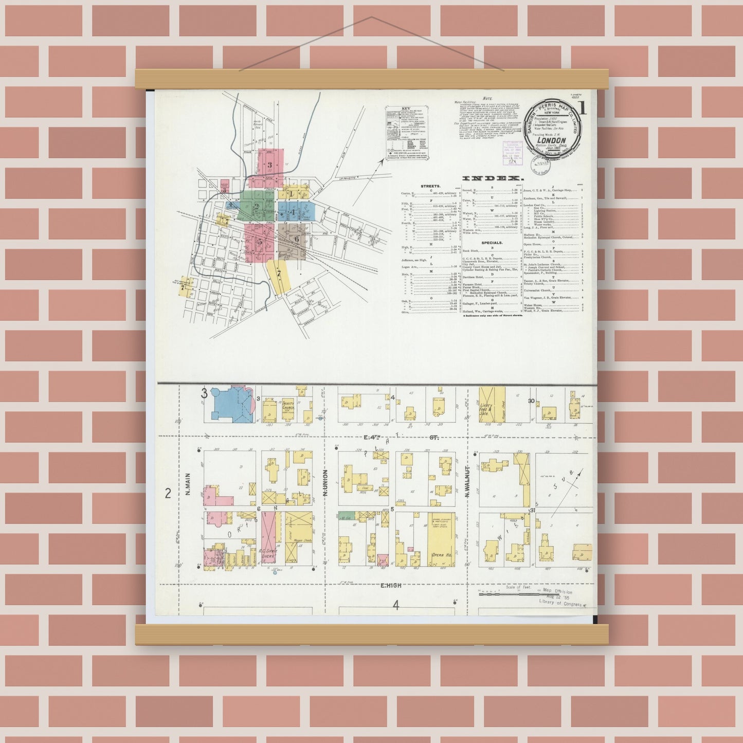 Old map wall art mockup — magnetic wood frame on brick wall — Sanborn Fire Insurance Map from London, Madison County, Ohio (1901) - Complete Map Set