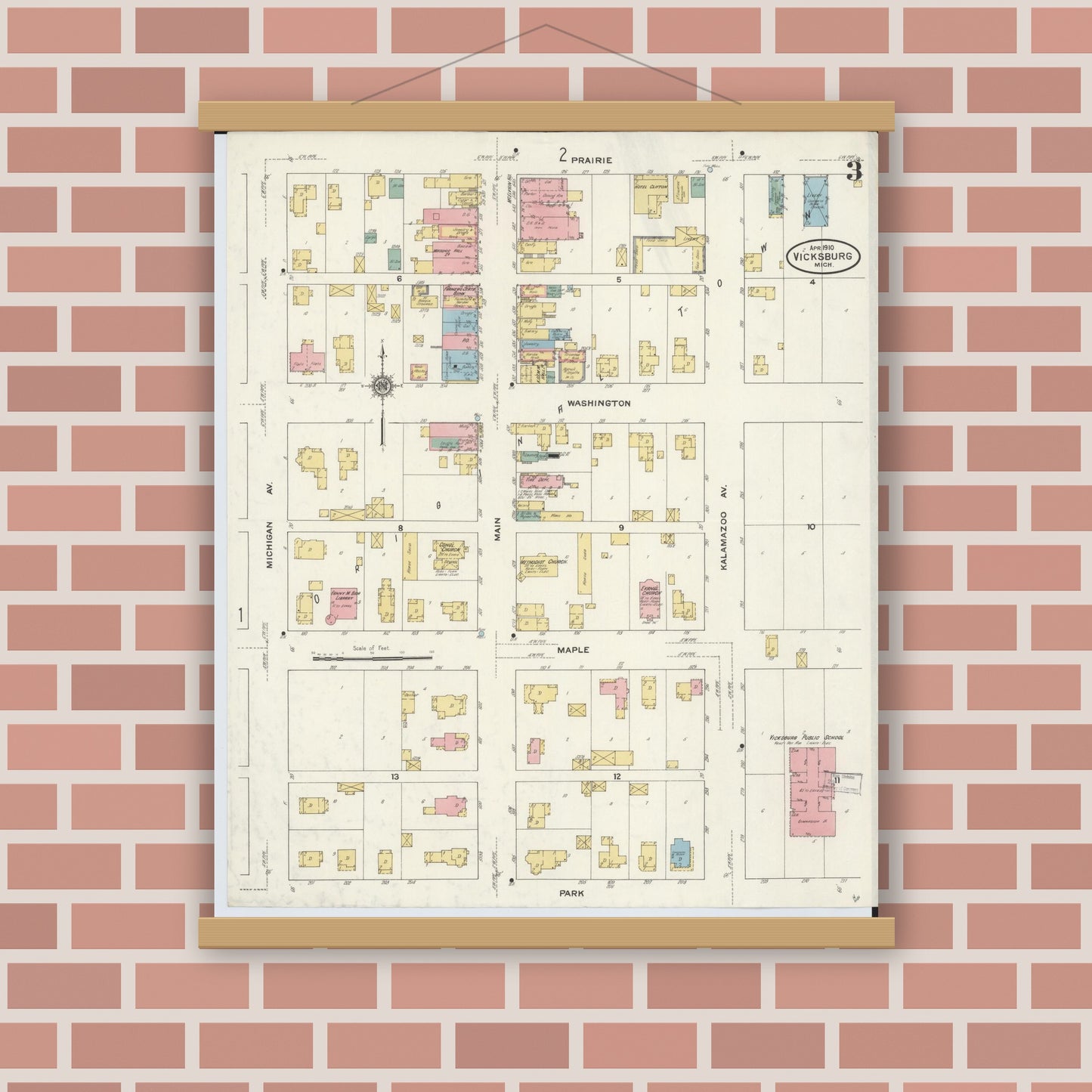Old map wall art mockup — magnetic wood frame on brick wall — Sanborn Fire Insurance Map from Vicksburg, Kalamazoo County, Michigan (1910), Sheet #0003