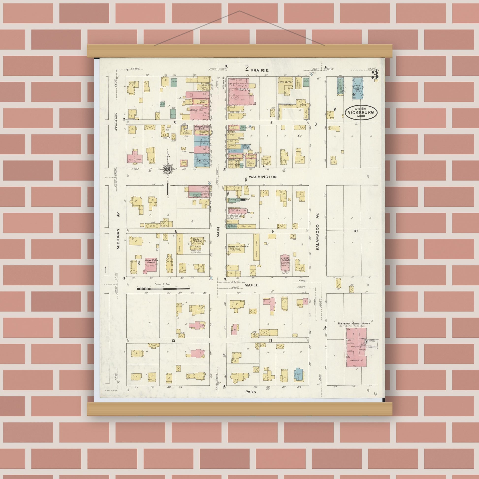 Old map wall art mockup — magnetic wood frame on brick wall — Sanborn Fire Insurance Map from Vicksburg, Kalamazoo County, Michigan (1910), Sheet #0003