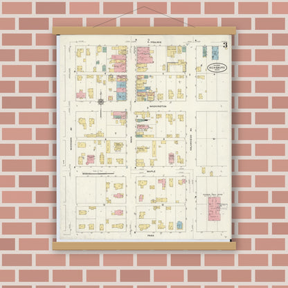 Old map wall art mockup — magnetic wood frame on brick wall — Sanborn Fire Insurance Map from Vicksburg, Kalamazoo County, Michigan (1910), Sheet #0003