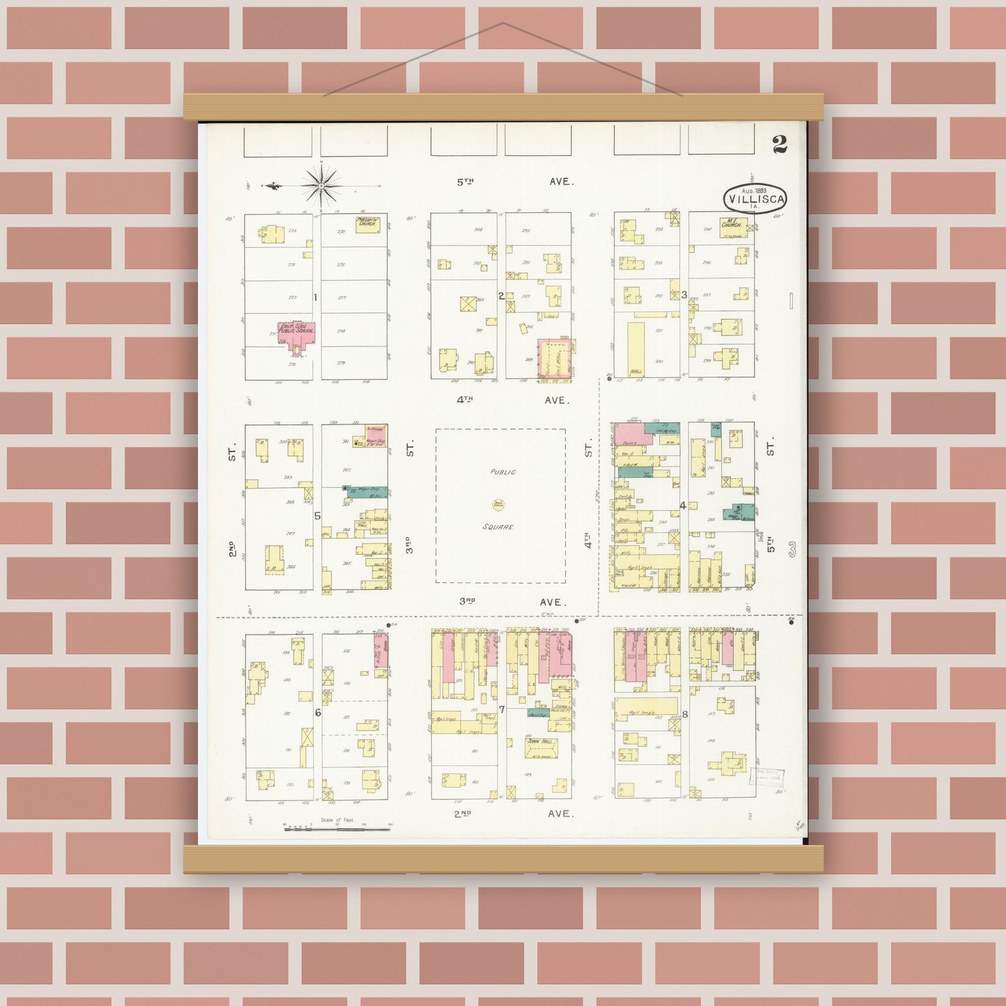 Old map wall art mockup — magnetic wood frame on brick wall — Sanborn Fire Insurance Map from Villisca, Montgomery County, Iowa (1893), Sheet #0002