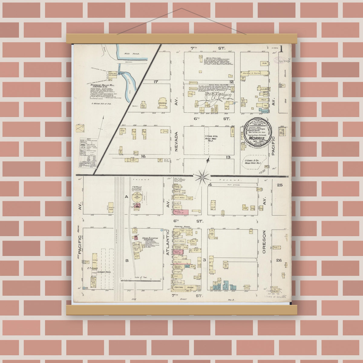 Old map wall art mockup — magnetic wood frame on brick wall — Sanborn Fire Insurance Map from Morris, Stevens County, Minnesota (1885) - Complete Map Set
