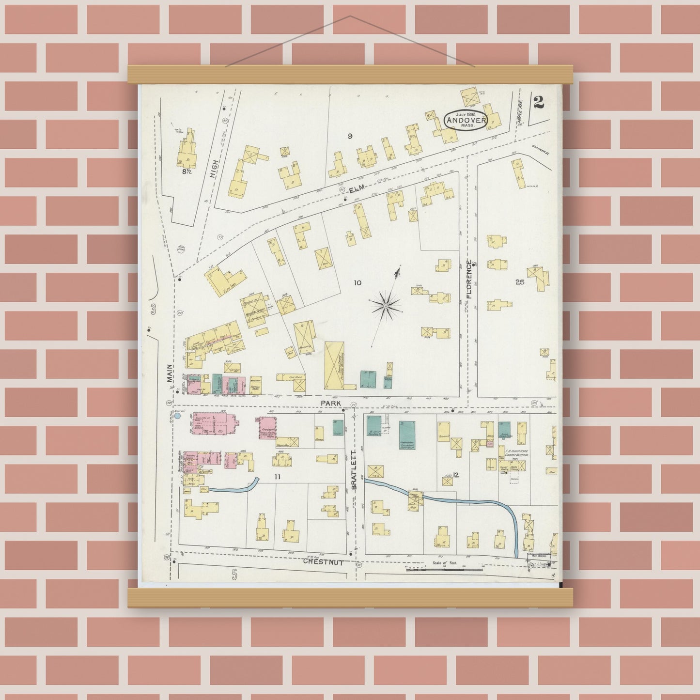 Old map wall art mockup — magnetic wood frame on brick wall — Sanborn Fire Insurance Map from Andover, Essex County, Massachusetts (1892), Sheet #0002