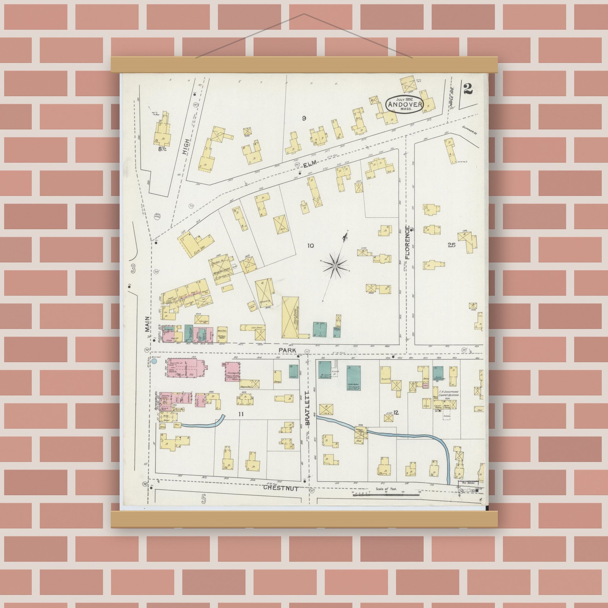 Old map wall art mockup — magnetic wood frame on brick wall — Sanborn Fire Insurance Map from Andover, Essex County, Massachusetts (1892), Sheet #0002