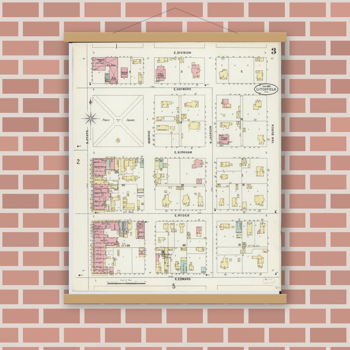 Old map wall art mockup — magnetic wood frame on brick wall — Sanborn Fire Insurance Map from Litchfield, Montgomery County, Illinois (1897), Sheet #0003