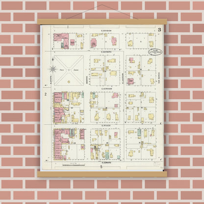 Old map wall art mockup — magnetic wood frame on brick wall — Sanborn Fire Insurance Map from Litchfield, Montgomery County, Illinois (1897), Sheet #0003