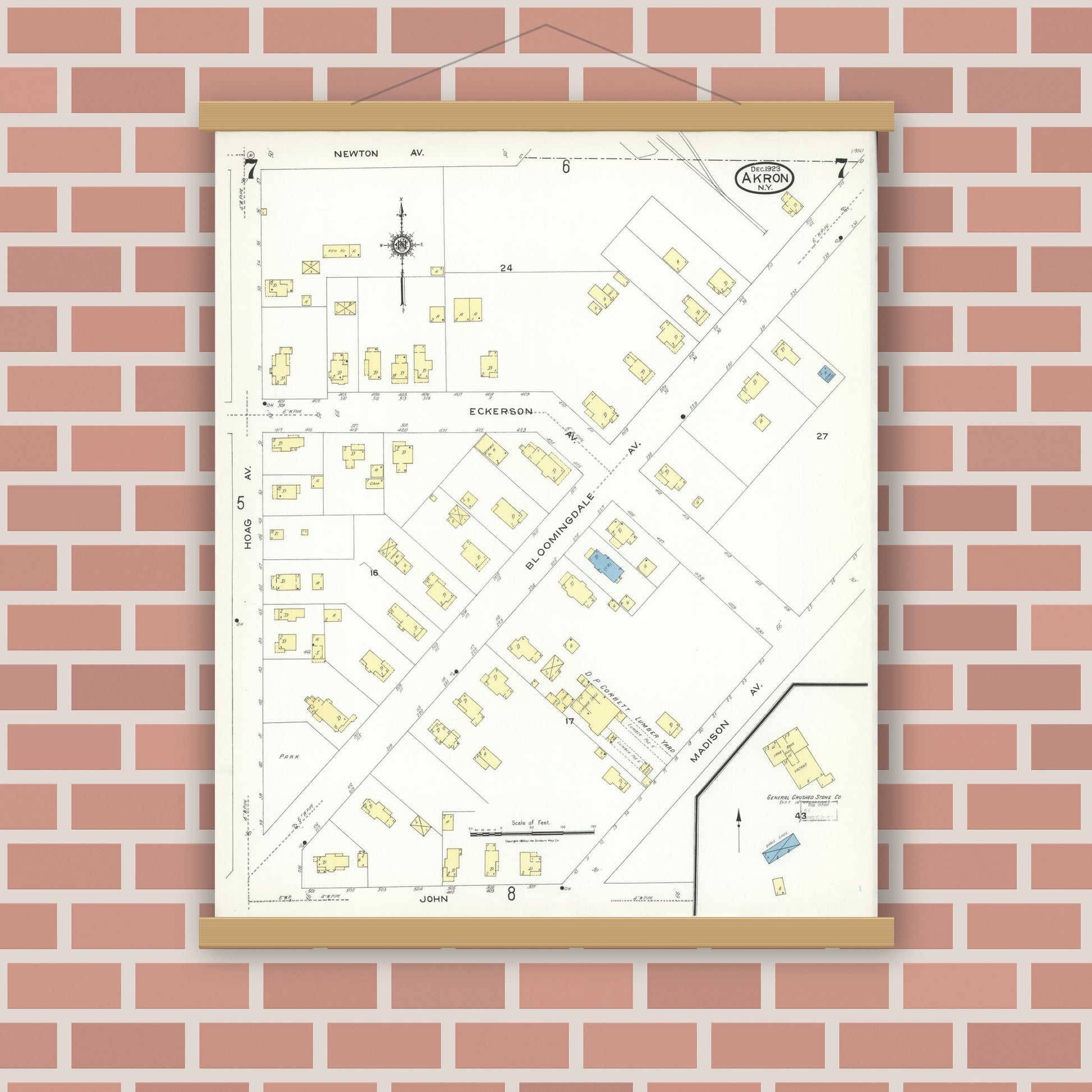 Old map wall art mockup — magnetic wood frame on brick wall — Sanborn Fire Insurance Map from Akron, Erie County, New York (1923), Sheet #0007